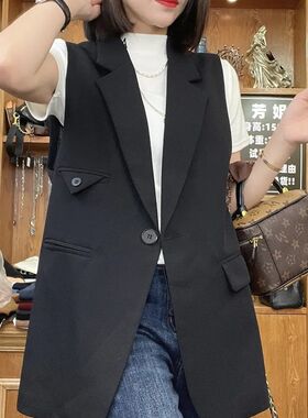 欧货设计感小众后开叉马甲女2024春新款百搭显瘦中长西装马夹外套
