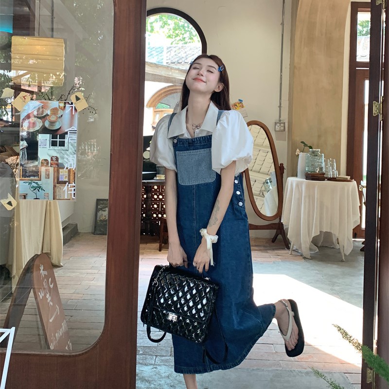 牛仔背带连衣裙子女夏季新款设计感小众显瘦遮肉法式a字裙长裙子