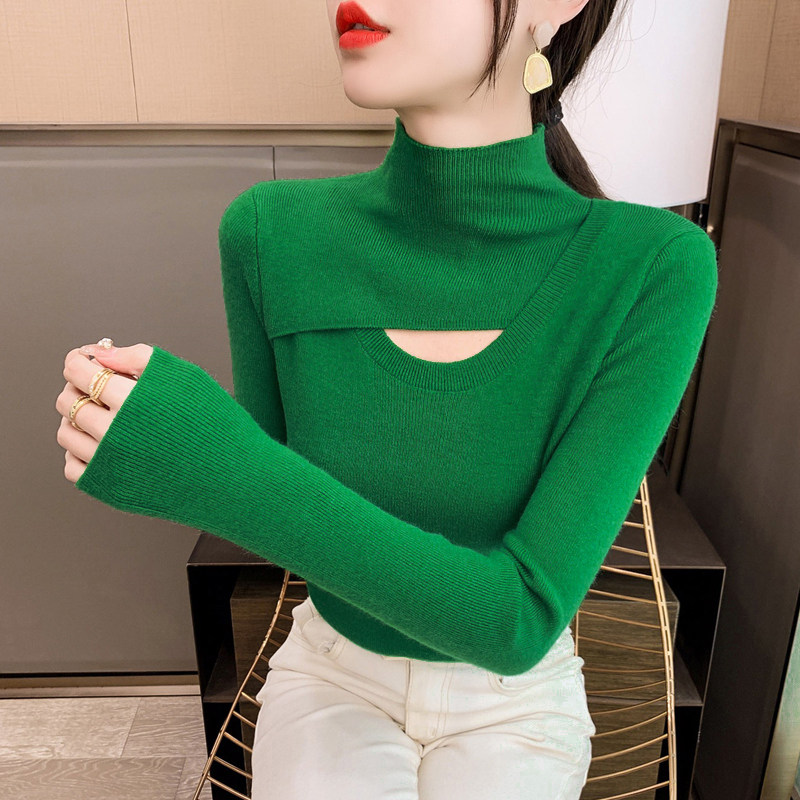 半高领镂空打底衫女秋冬内搭绿色毛衣洋气2022新款修身羊绒针织衫