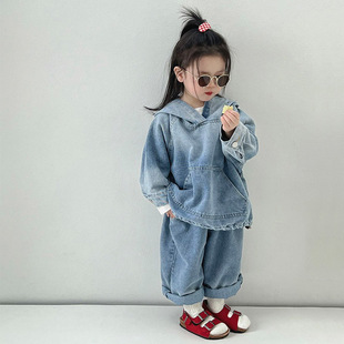 童装儿童牛仔套装2023新款春秋女童韩版洋派炸街男宝宝连帽两件套