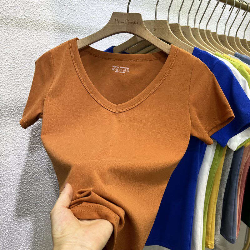 欧货百搭纯色V领短袖T恤女修身显瘦正肩半袖上衣2025夏季新款纯棉
