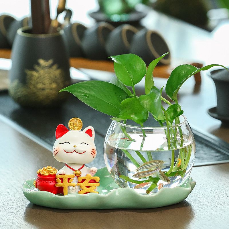 田园陶瓷底招财猫桌面花瓶办公桌好物女生工位办公室客厅装饰摆件
