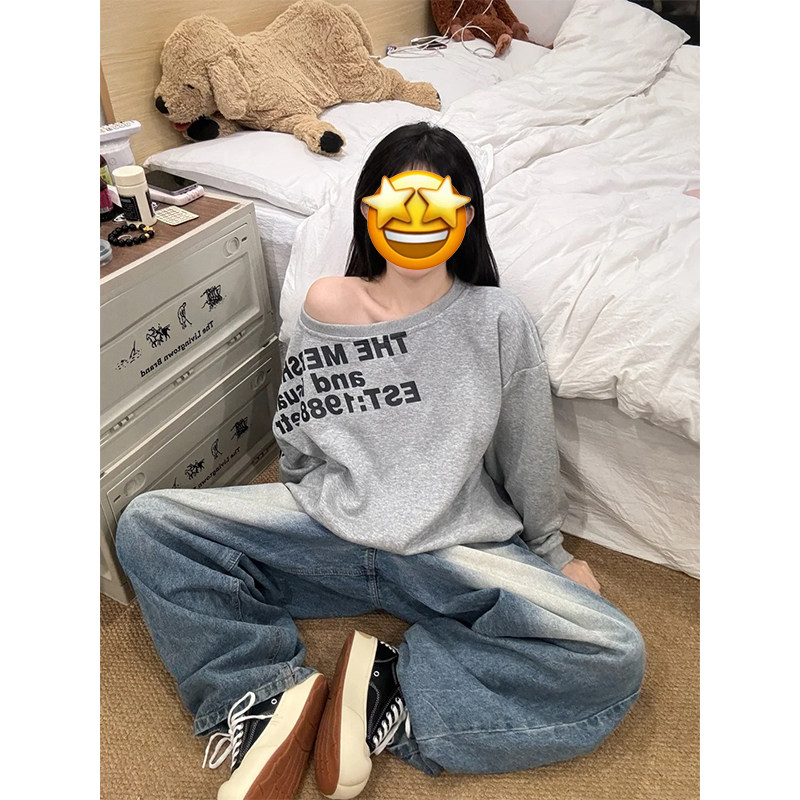美式灰色斜肩套头卫衣女2024秋冬新款宽松慵懒一字肩辣妹露肩上衣