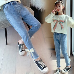 2023新款女童裤子春秋外穿9牛仔裤宽松开叉8小脚高腰裤子薄款12岁