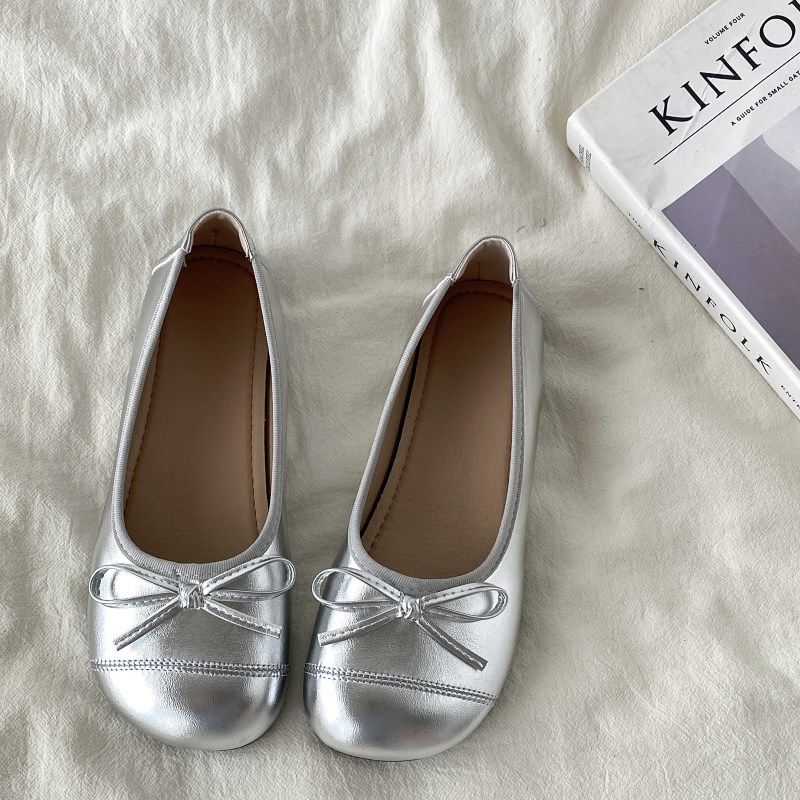 喜叔芭蕾风银色浅口单鞋女软底一脚蹬奶奶鞋平底豆豆鞋法式小皮鞋,女鞋,浅口单鞋,淘宝优惠券,粉丝福利购,淘宝优惠卷