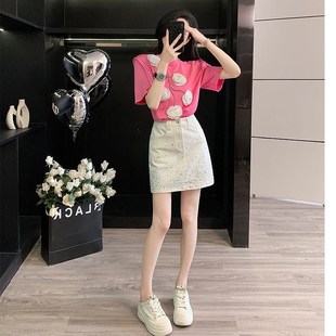 牛仔短裙休闲运动两件套女 洋气减龄小个子短袖 夏季 穿搭高级感时尚