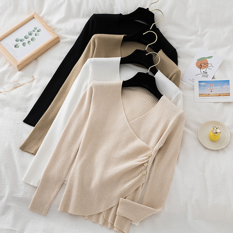 2021秋冬季新款不规则交叉V领套头毛衣女修身长袖针织打底衫上衣