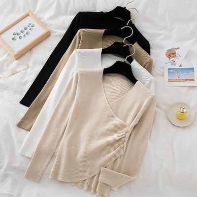 2021秋冬季新款不规则交叉V领套头毛衣女修身长袖针织打底衫上衣