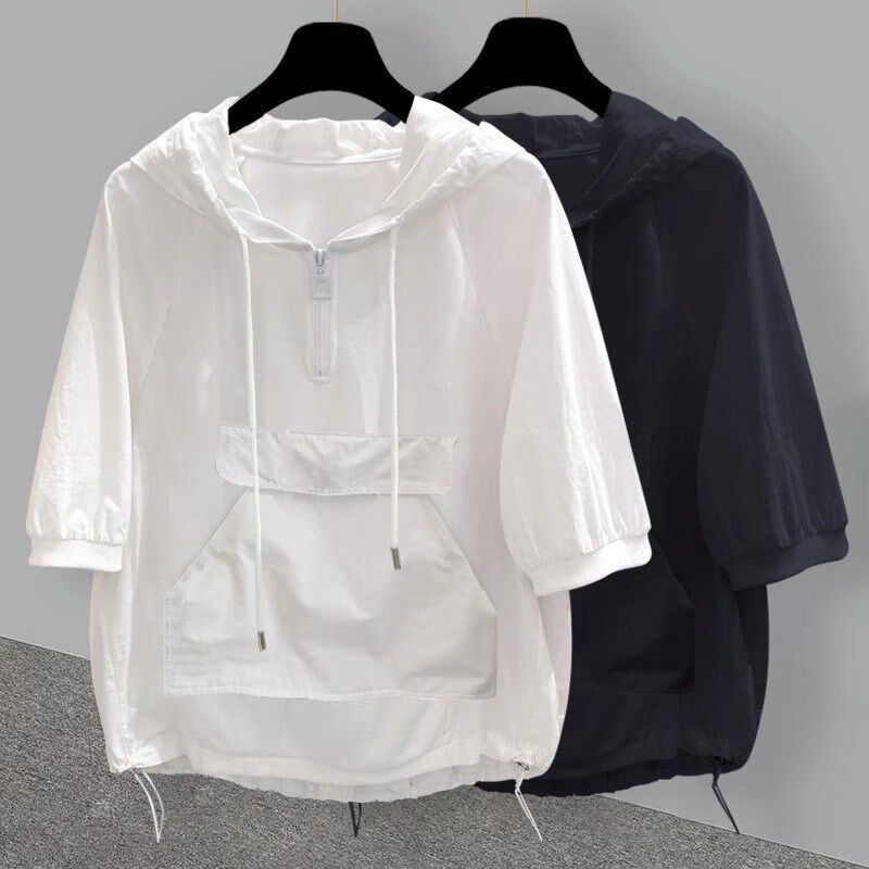 胖MM特大码300斤白色工装连帽防晒半袖外搭女款夏季新款宽松外套2