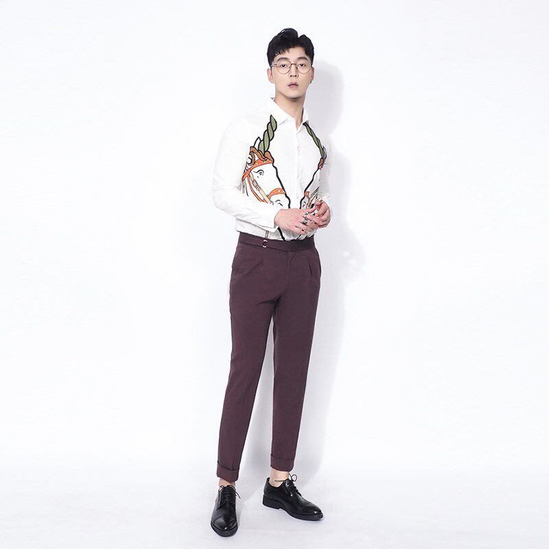 川泽男士卷边九分裤男西装裤韩版修身休闲裤枣红色锥形小脚裤微弹