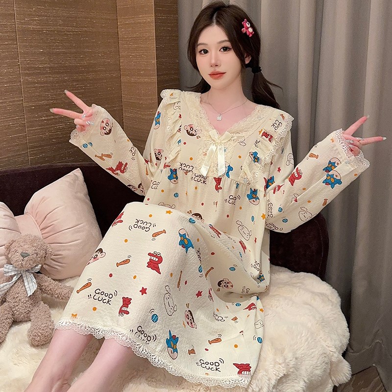 睡裙女春秋款宽松大码纯棉甜美公主风夏季睡衣连衣裙X中长款家居