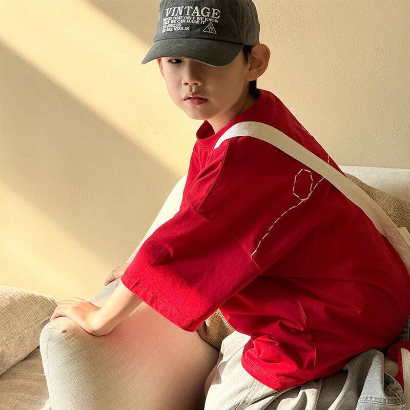 男童宽松红色短袖春夏款儿童休闲半袖小男孩简约纯棉女童上衣t恤