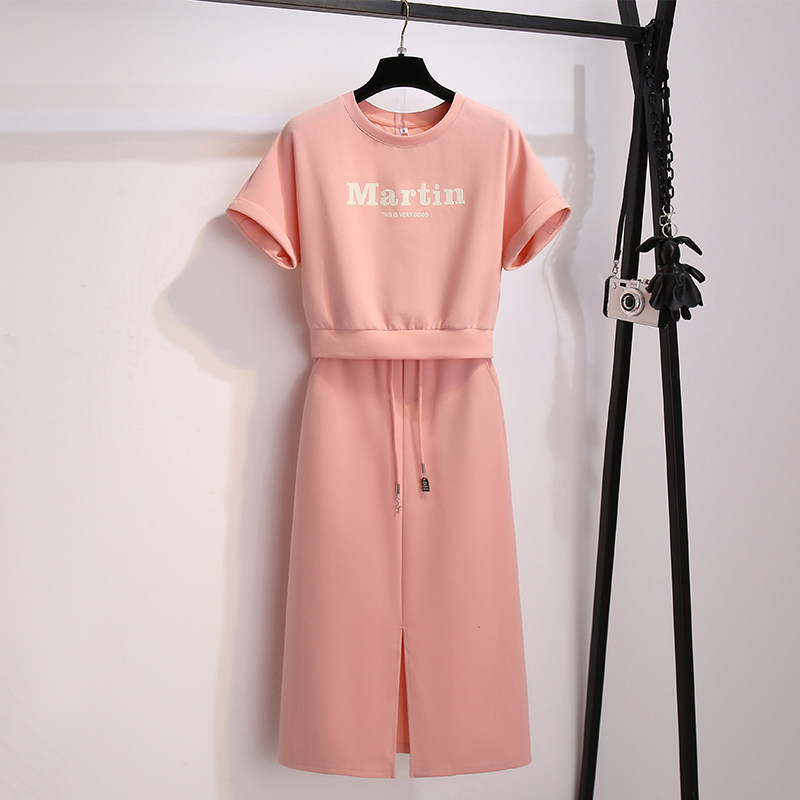 粉色休闲运动短袖卫衣T恤开叉直筒半身裙女2025夏季新款两件套装