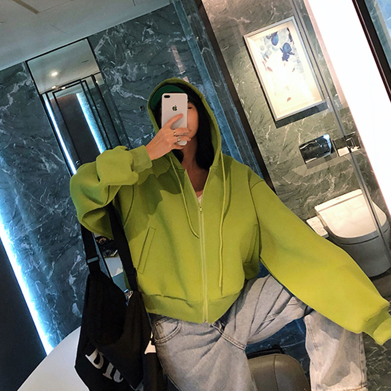 绿色短款连帽卫衣外套女秋冬2023新款小个子拉链慵懒风宽松上衣潮