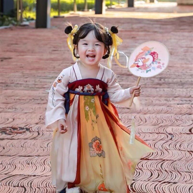 汉服女童夏款刺绣印花连衣裙女宝超仙古风儒裙可爱小童唐装中国风