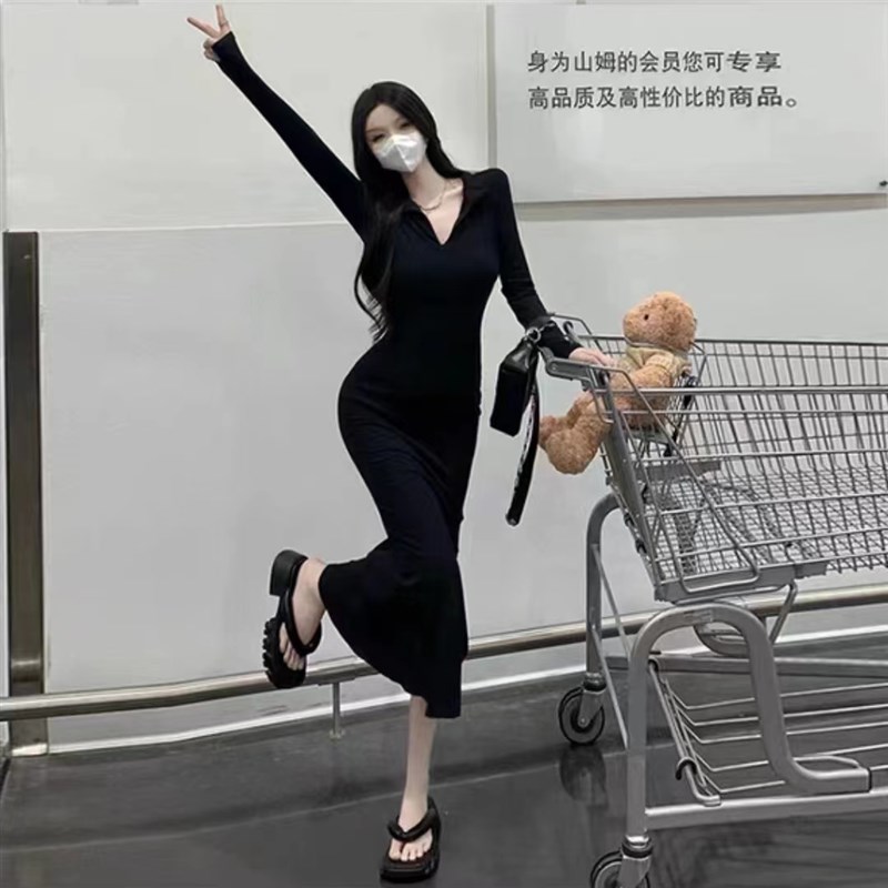 多巴胺复古修身连衣裙春秋气质长款V领包臀鱼尾女新款长袖打底裙