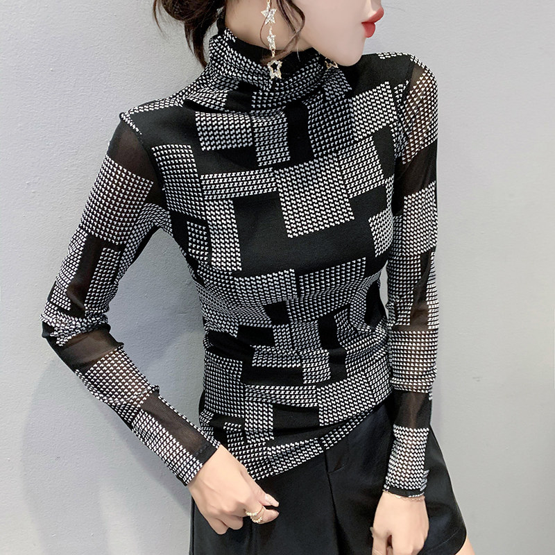 高领网纱打底衫女秋冬2023新款洋气时尚格子长袖T恤内搭加绒上衣