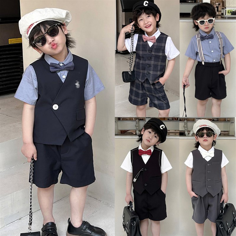 花童男童西装马甲套装夏季主持人礼服男孩生日六一儿童走秀演出服
