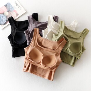 方领露脐背心女免文胸带胸垫一体式无钢圈内搭半身可外穿短款打底
