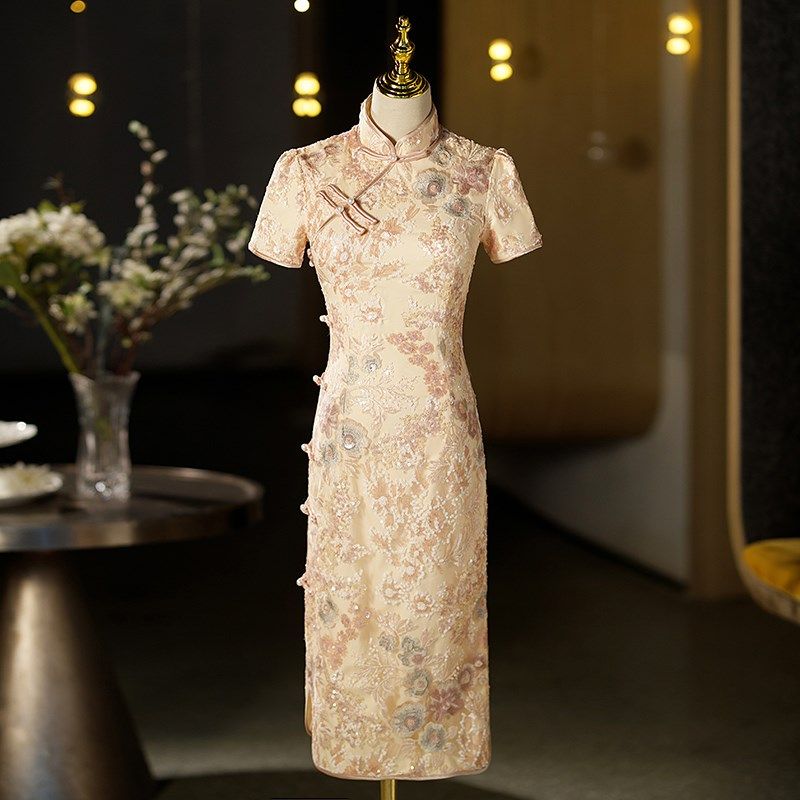 新中式旗袍敬酒服新娘粉色日常可穿衣服订婚礼服小个子回门连衣裙