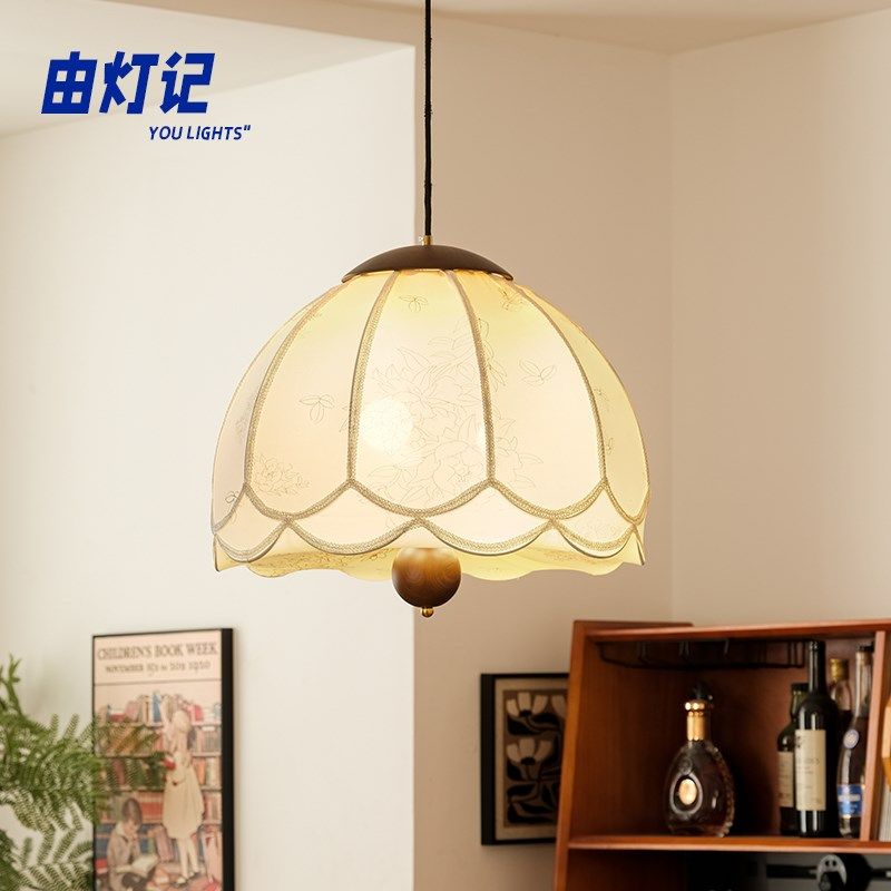 由灯记法式复古餐厅布艺吊灯南洋中古卧室厨房岛书房实木印花吊灯