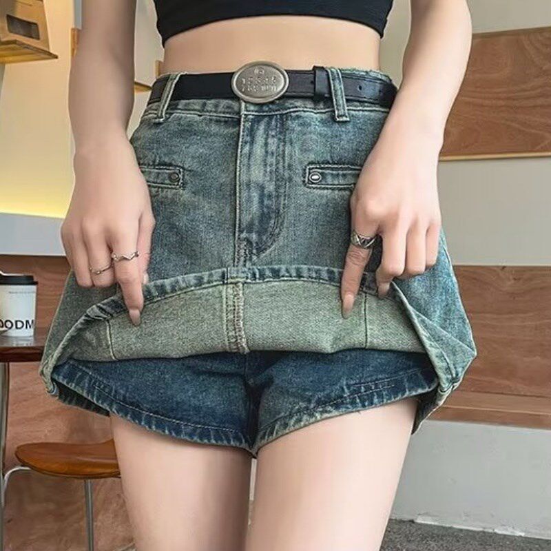 复古设计感牛仔短裤女夏季高腰显瘦a字防走光小个子短裙阔腿裤裙