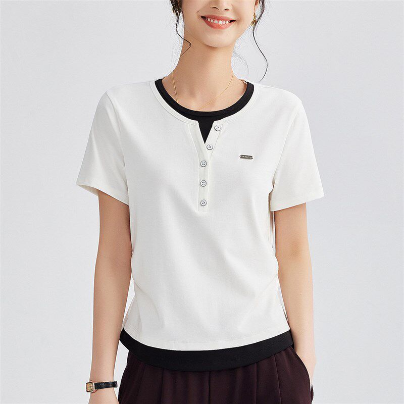 高级感T恤女2025春夏新款撞色假两件抽褶短袖小众设计感内搭上衣