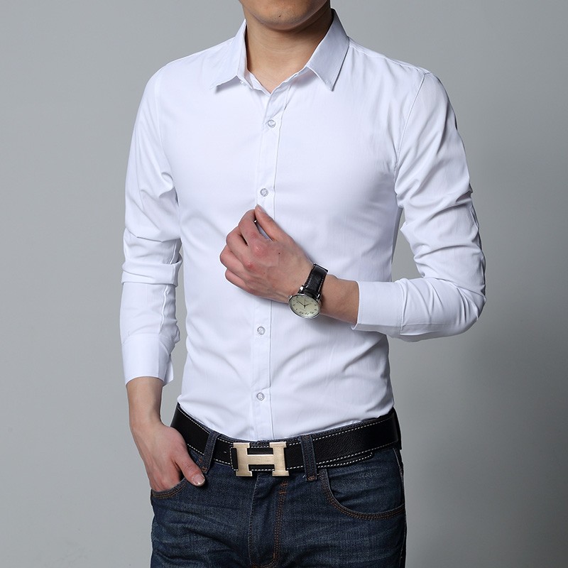秋季男士白衬衫长袖修身商务职业正装青年黑色休闲韩版纯色衬衣学