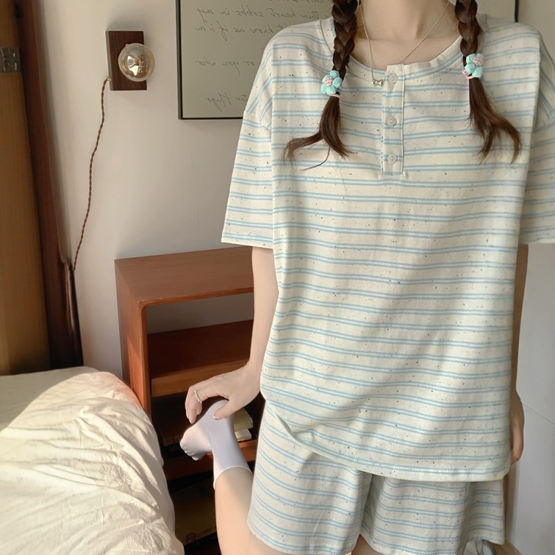 韩版休闲条纹睡衣女款夏2025新款针织圆领宽松短袖短裤家居服套装