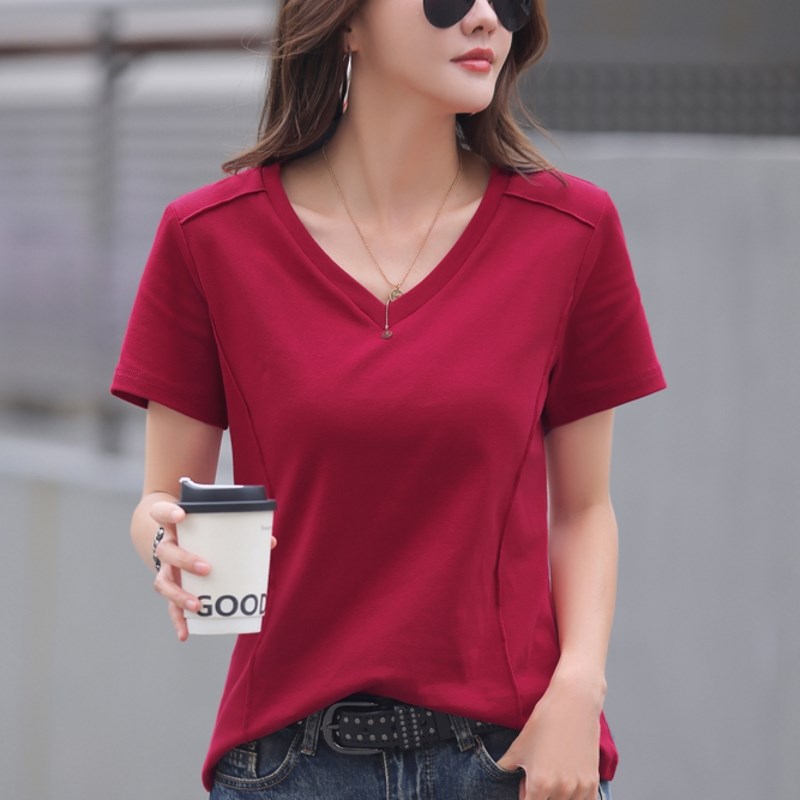 纯棉v领短袖t恤女夏季欧货2024新款韩版宽松大码胖mm遮肚正肩上衣