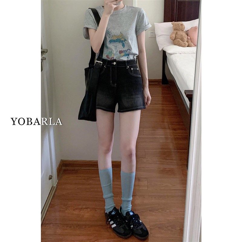 黑色牛仔短裤女夏季新款大码胖mm遮肉显瘦梨型身材高腰a字热裤子