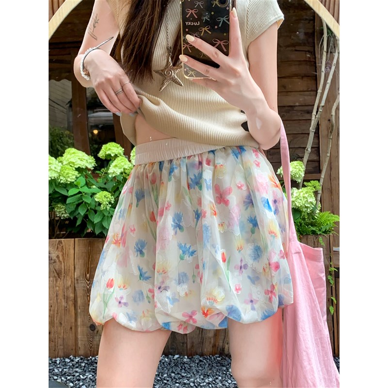 碎花蓬蓬花苞短裤女夏季2025新款小个子高腰宽松休闲冰丝阔腿裙裤