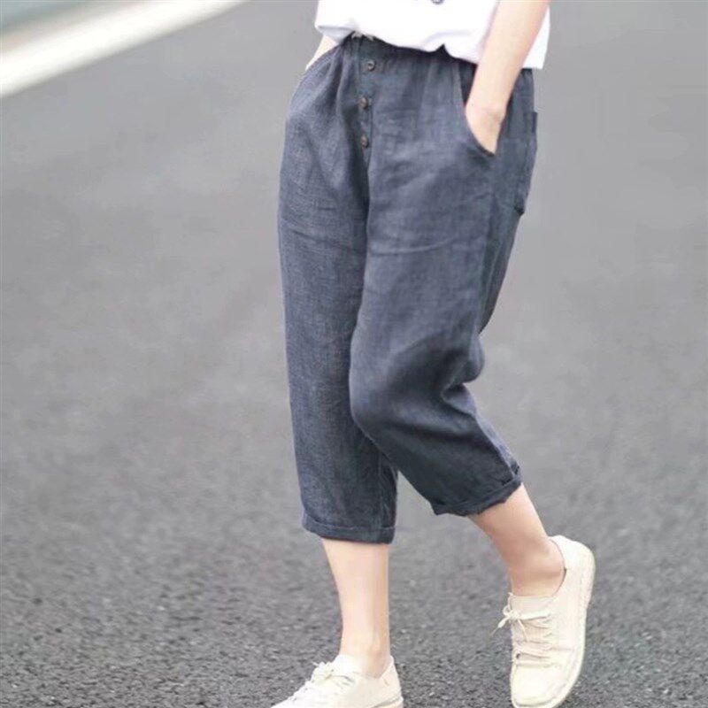 大码女胖mm夏季宽松薄款显瘦棉麻哈伦休闲裤松紧腰七分裤子200斤