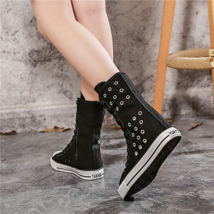 男大码 新款 拉链帆布靴子高帮休闲鞋 潮女学生韩版 黑 春秋中筒帆布鞋