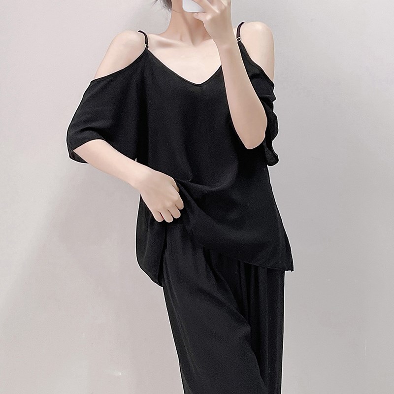 棉绸睡衣女春秋季纯色套装V领2025新款夏天绵绸薄款露肩家居服薄