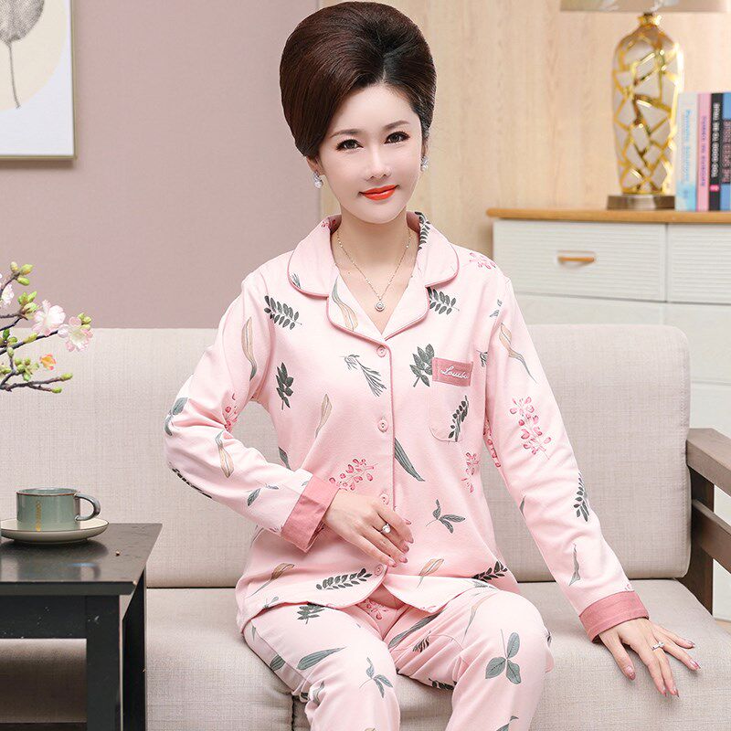 睡衣妈妈款春秋季纯棉长袖薄款中年E人妇女士秋冬全棉加大码家居