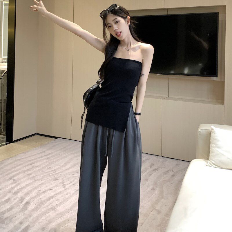 小众设计感时尚套装开叉抹胸背心上衣女夏季抽绳裤子阔腿裤两件套