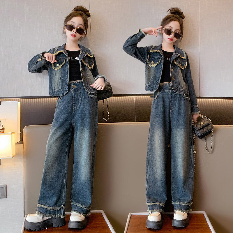 女童牛仔套装秋装2023新款洋派儿童设计感复古短款牛仔外套两件套