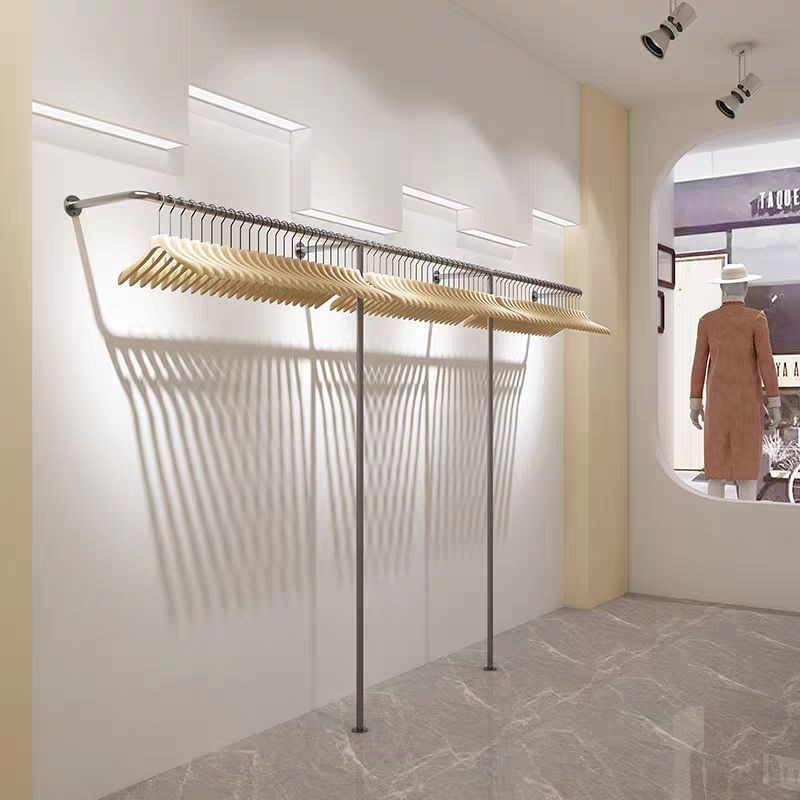 银色服装展示架女装陈列架不锈钢上墙壁挂式挂衣架童装落地侧挂架