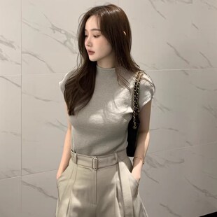 纯欲风灰色针织衫女装夏季设计感小众半高领正肩修身减龄内搭上衣