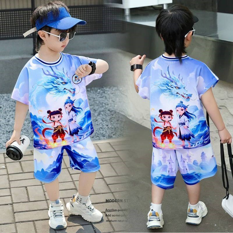 哪咤童装夏季套装2025新款男孩夏装中式短袖唐装男宝宝夏款两件套