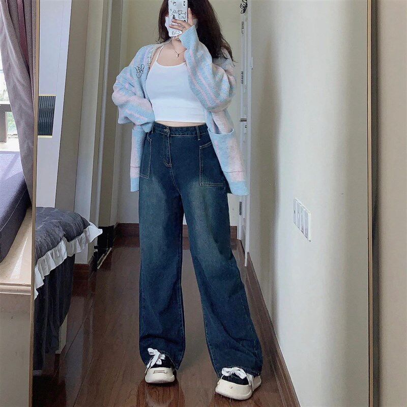 2-300斤胖mm大码女装加绒加厚牛仔裤子宽松显瘦百搭高腰阔腿长裤