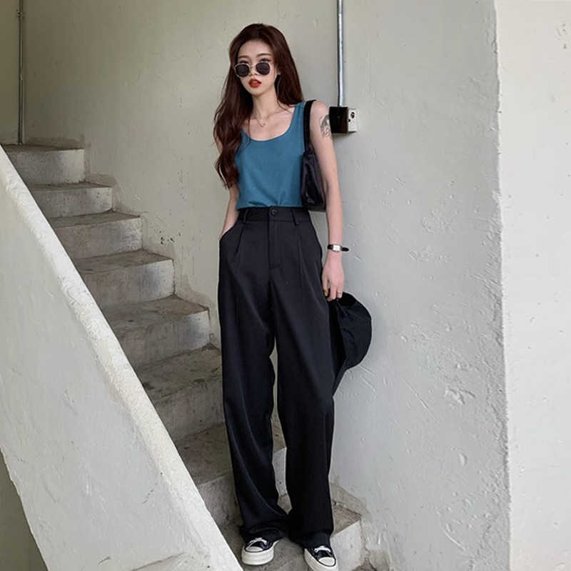 拖地垂感西装裤女夏韩版宽松高腰显瘦阔腿裤薄款休闲直筒黑色裤子