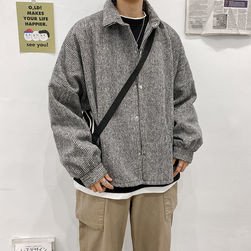 秋冬季港风复古条纹夹克男韩版潮流青少年百搭休闲宽松上衣外套