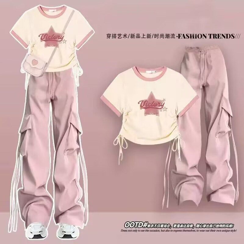 夏装大童少女套装初中学生洋气短袖上衣高腰显瘦工装阔腿裤两件套