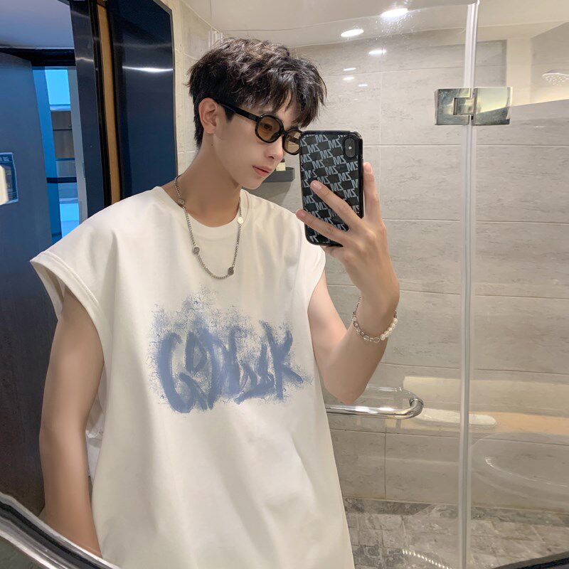 300G重磅纯棉背心男夏季宽松无袖T恤大码高街印花打底衫坎肩潮流