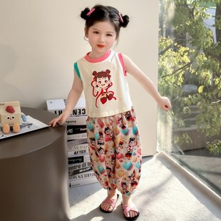 女童套装夏季2025新款儿童夏装洋气时髦女宝宝可爱卡通背心两件套