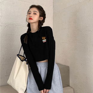 纯欲风短款长袖t恤女秋冬2025年新款黑色宽松显瘦内搭打底衫上衣