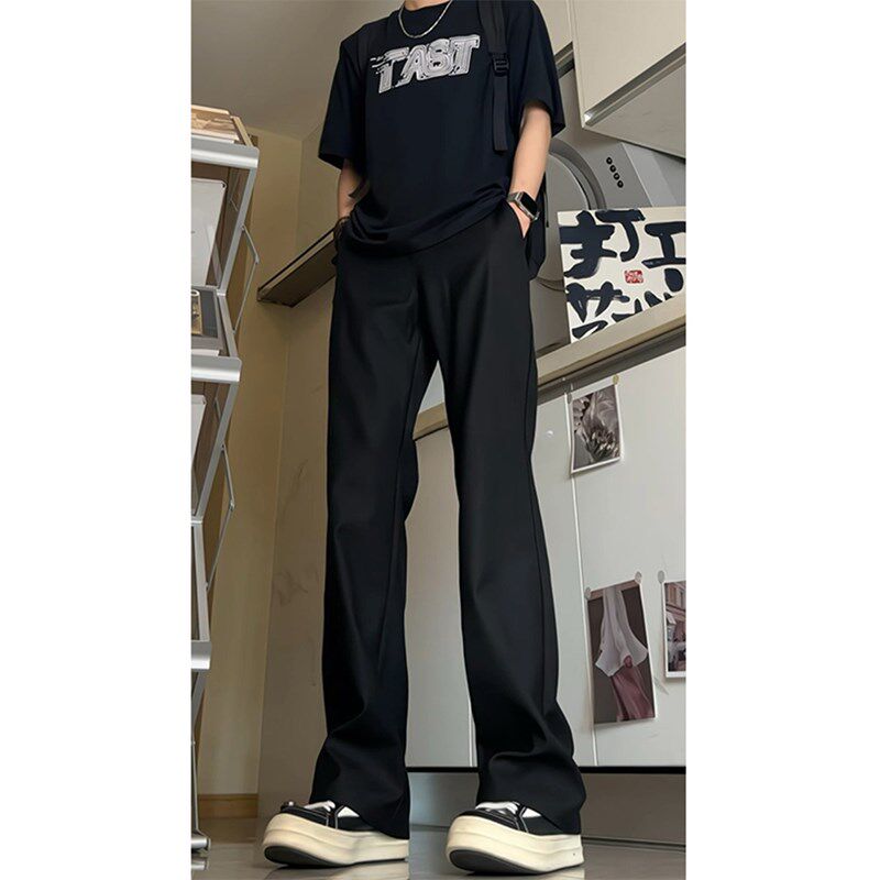 直筒修身微喇西裤男垂坠感高级冰丝休闲长裤夏薄款黑色裤子高品质