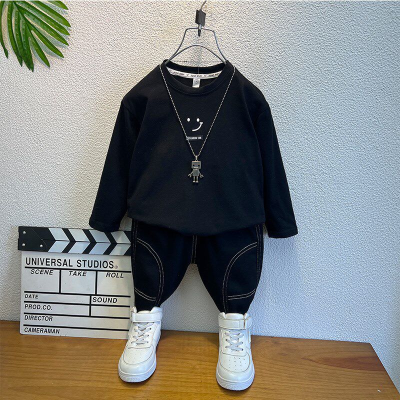 男童t恤长袖纯棉白色打底衣春季男孩体恤洋气宝宝上衣黑色打底衫